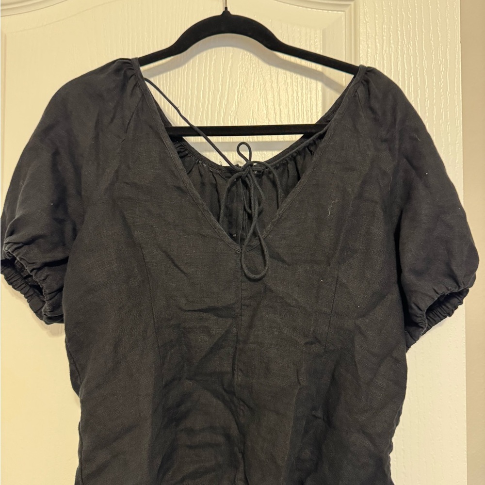 J. Crew Black Puff Sleeve 100% Linen Blouse